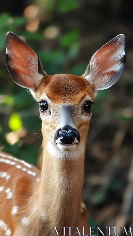 Gentle young fawn gazes softly into the forest light