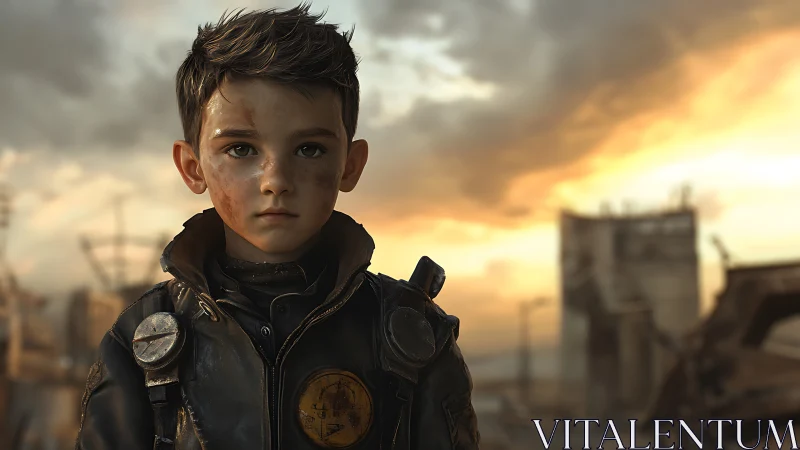 Wasteland survivor boy in ruined city at sunset.