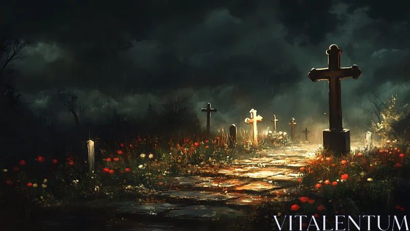 Stormlit graveyard blooms while silent crosses stand guard