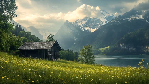 Lakeside meadow cabin under storytelling mountainscape.