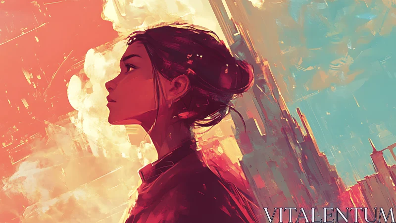 Profile of a resolute woman against split sky and cityscape.