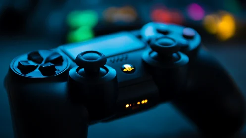 Gaming Controller with Neon Lighting in Dark Environment.