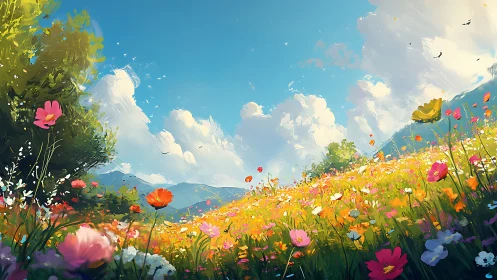 Sunlit wildflower meadow under expansive summer sky.