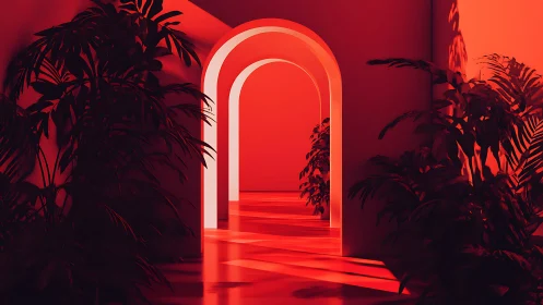 Chromatic archway corridor with silhouetted tropical foliage.