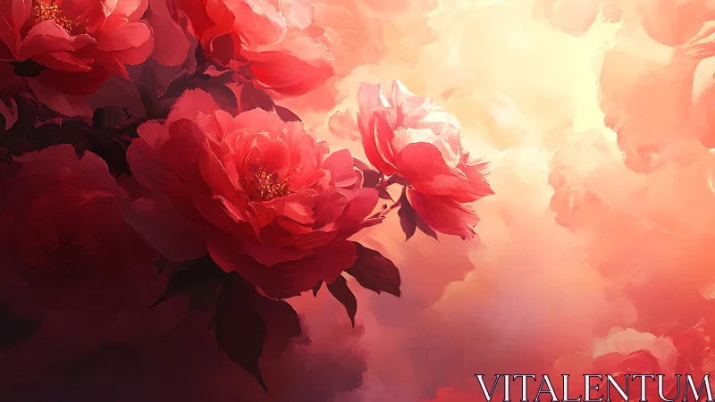Deep Crimson Peonies in Luminous Haze: Digital Botanical Study.
