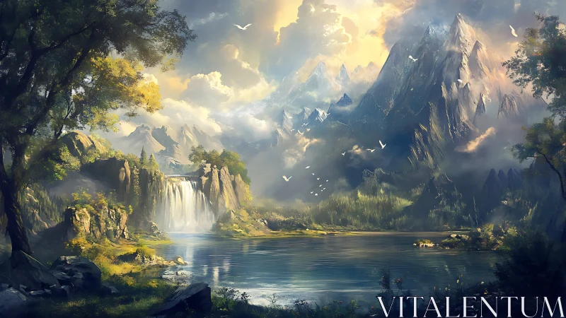 Atmospheric mountain basin with luminous waterfall convergence.