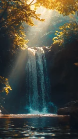 Sunlit forest waterfall pours into a tranquil reflective pool