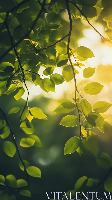 Sunlit green leaves drifting quietly through soft forest air.