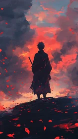 Silhouetted swordsman stands before dense red cloud bank