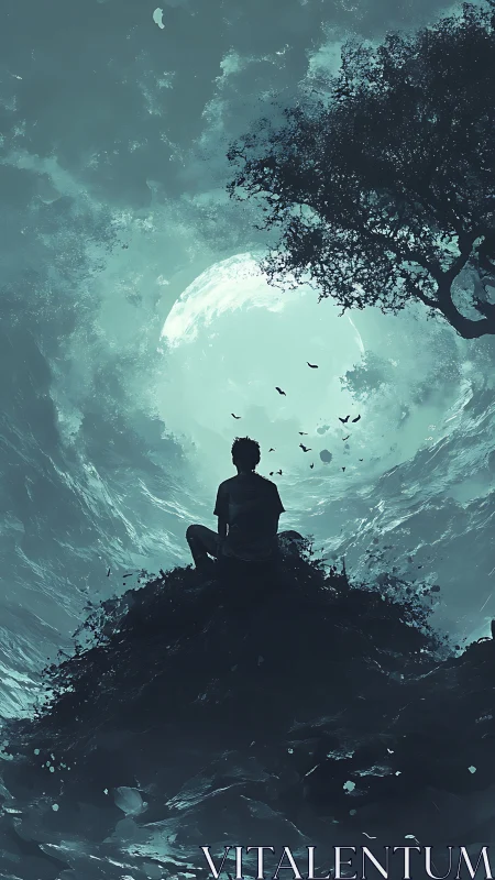 Moonlit dreamer sits quietly beneath a swirling night sky