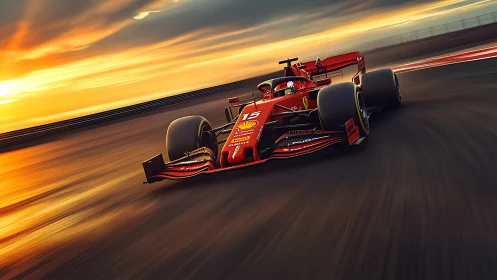 Sunset-speed red Formula car racing into golden light.