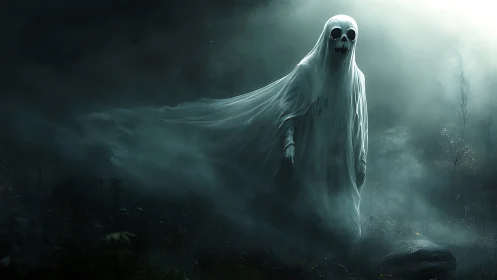 Ghostly figure drifts through dark foggy forest at night