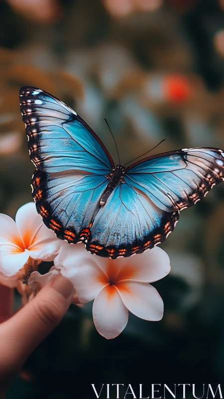 Blue butterfly resting on white tropical flowers.