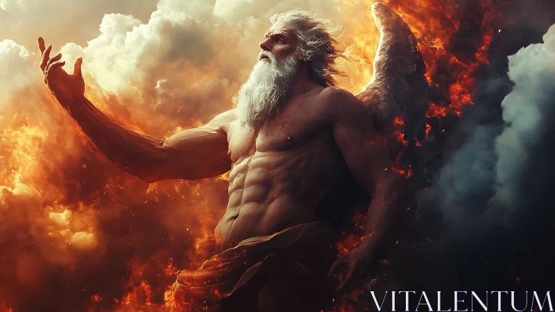 Winged muscular elder rising in blazing fiery clouds.