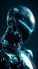 Chrome sentinel tilts in neon hush, guarding digital midnight.