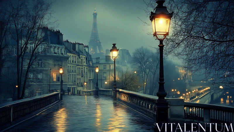 Foggy Paris bridge at night with Eiffel Tower skyline view.