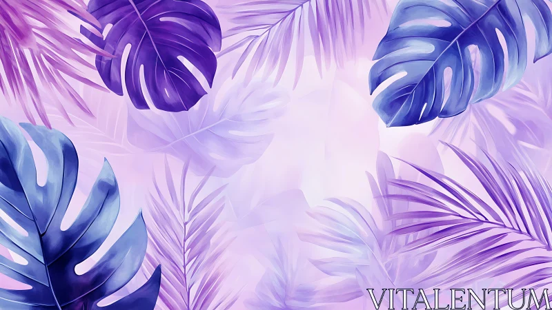 Iridescent tropical foliage pattern in soft digital watercolor.