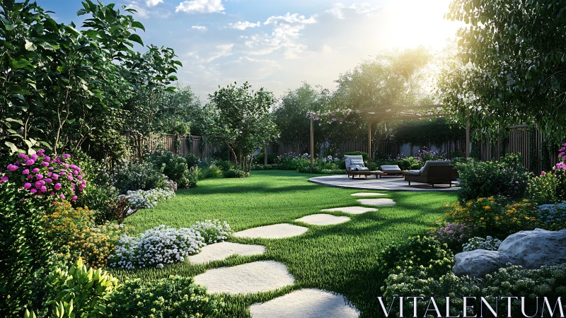 Sunny landscaped garden with stone path and seating area.