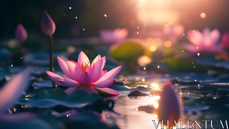 Pink water lotus flower with glowing bokeh lights at sunset.