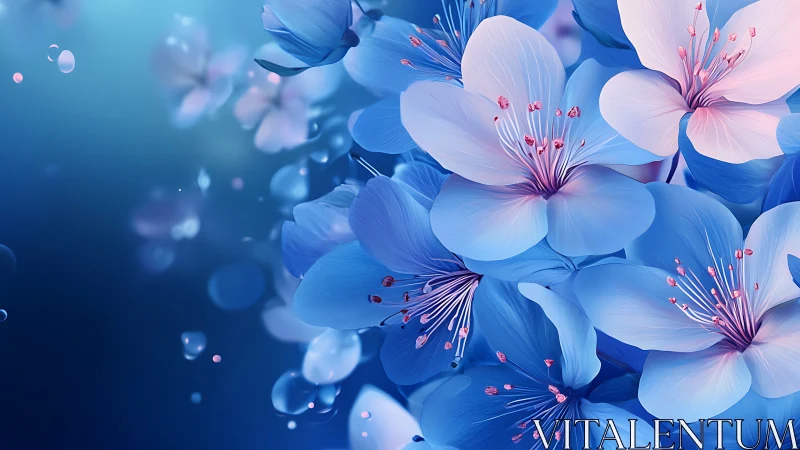 Luminous Blue and Pink Flowers Against Soft Bokeh.