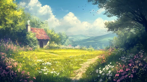 Stone path leads to small cottage in bright wildflower meadow