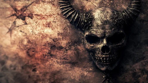 Corroded horned skull relief rendered on distressed metal wall