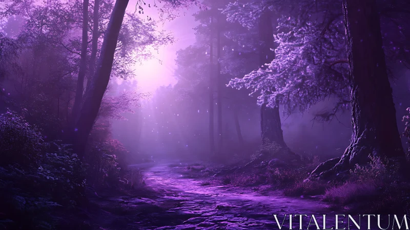 Mystical Forest Pathway Illuminated by Ethereal Purple Luminescence