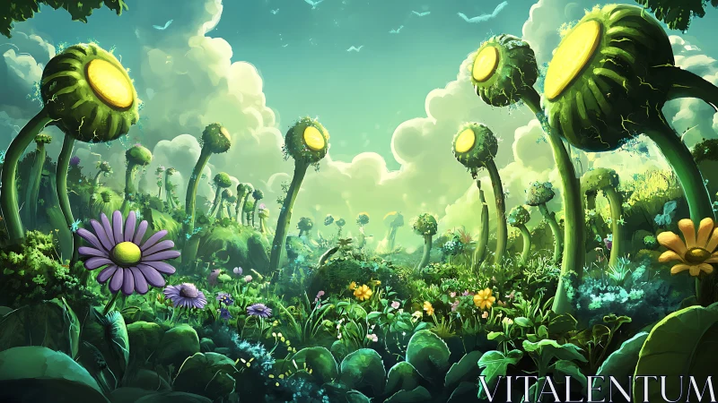 Lush fantasy meadow with towering glowing sunflowers.