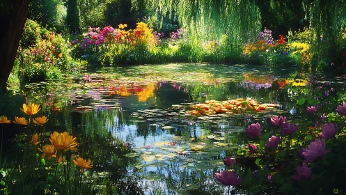 Sunlit lily pond reflects a lush, flowering garden sanctuary