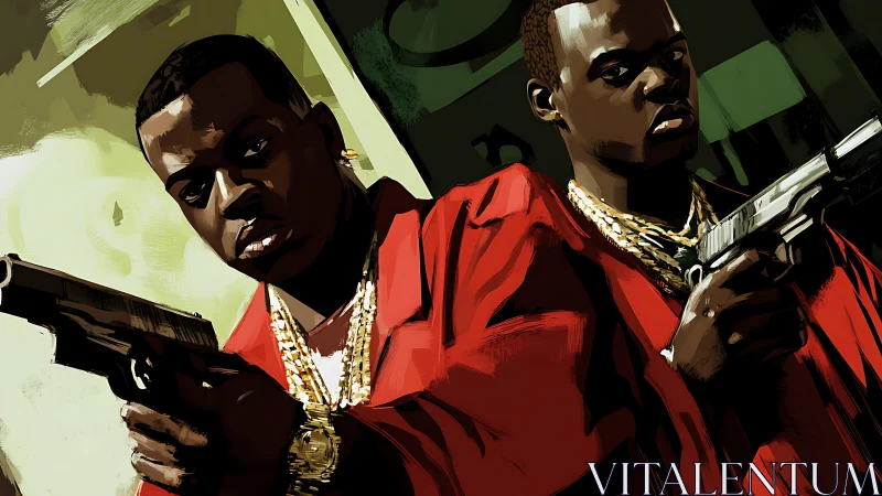 Urban gunmen in red coats under stylized cinematic lighting.