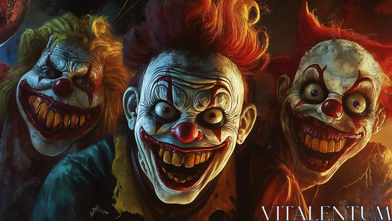 Grotesque trio of sinister grinning clowns at close range.