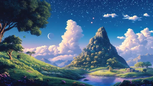 Mountain landscape under starry sky with crescent moon.