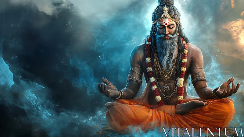 Bearded meditating figure sits cross-legged in vivid clouds