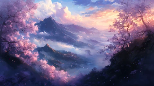 Blossom-lit mountains wrapped in dreamy sunrise mist.