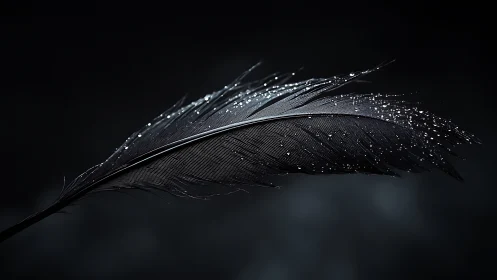 Close-up of dark feather with water droplets in studio