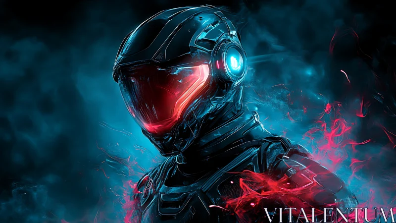 Neon armored cyborg in swirling red and cyan energy field.