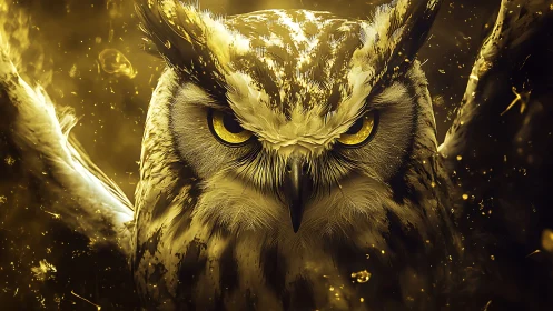 Owl portrait is rendered in monochrome gold with frontal view