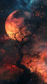 Blazing Moon and Burning Tree Against Cosmic Sky.