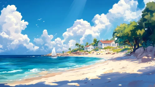 Sunlit seaside villas bask beneath towering cloud kingdoms.