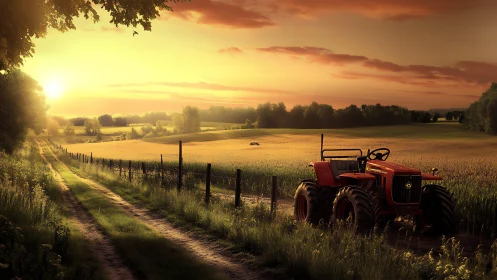 Backlit agricultural tractor anchors sunlit wheat field composition