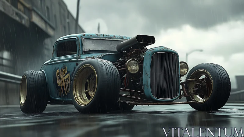 Custom blue hot rod coupe on wet urban street in rain.