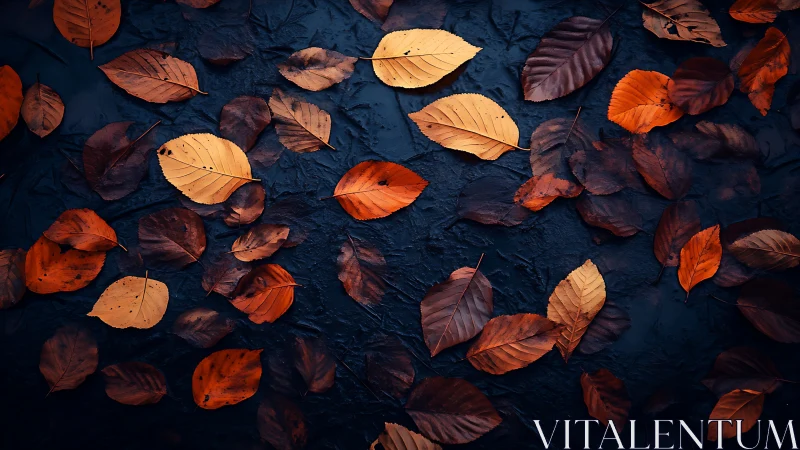 Copper leaves drift like quiet lanterns across midnight stone