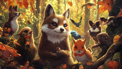 Autumn woodland creatures in cinematic golden forest light.