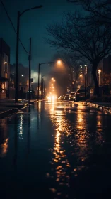 Rainwashed city street dreaming in blue and amber light.