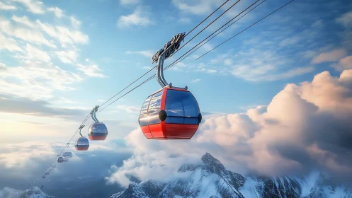 Red alpine gondolas glide above sunlit cloud deck.