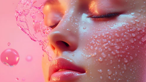 Digital beauty portrait with pink liquid splash and droplets.