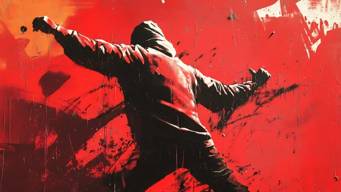 Red wall rebel in motion, splashed with urban energy.