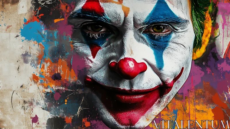 Painted clown face merges with multicolored abstract splashes