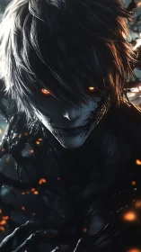 Shadowlit ember-eyed figure wrapped in living darkness.