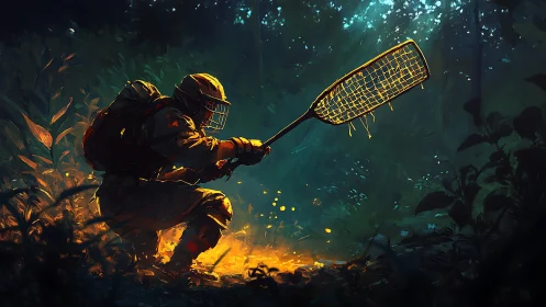 Armored explorer kneels in glowing forest clearing at night.